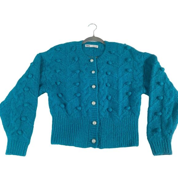 ZARA Faux Pearl Button front Cropped Cardigan Sweater Pom-pom Teal Blue Small - Picture 2 of 11
